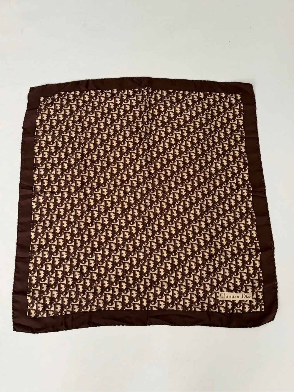 Vtg Christian Dior logo Silk Patterned Brown & Cream Scarf